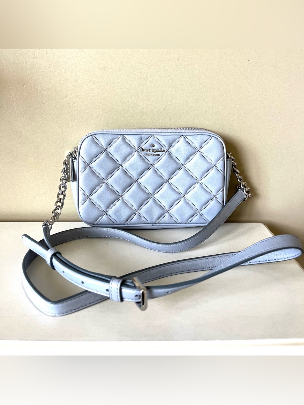 Kate Spade Natalia Double Zip Small Crossbody Bag Light Blue Quilted Leather